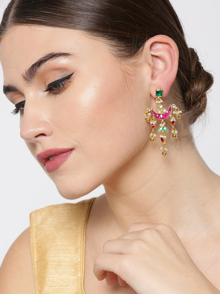 Gold-Plated Pachi Kundan and Pearls Studded Drop Earrings in Magenta And Green Color