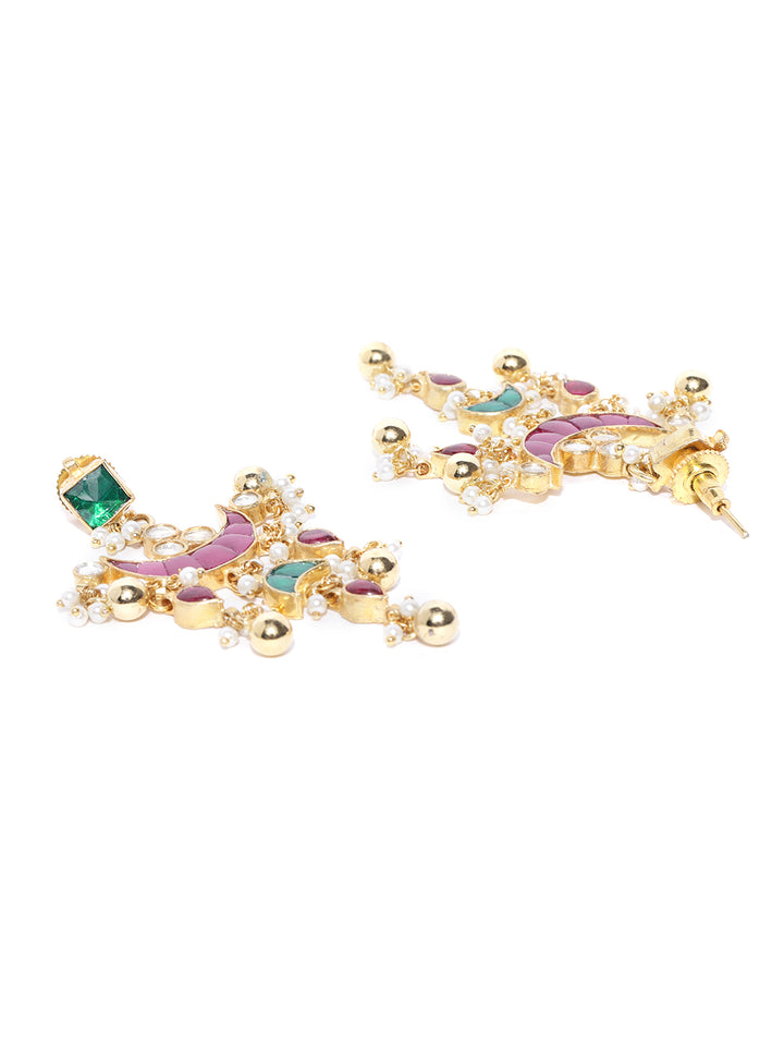 Gold-Plated Pachi Kundan and Pearls Studded Drop Earrings in Magenta And Green Color