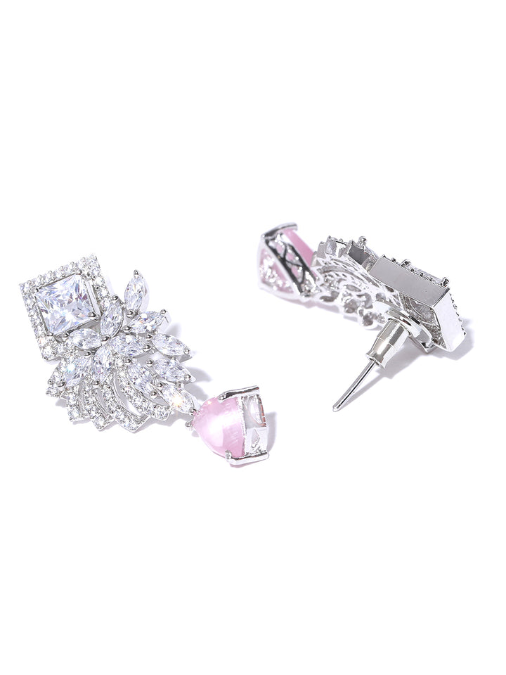 Rhodium-Plated American Diamond and Pink Stone Studded Drop Earrings