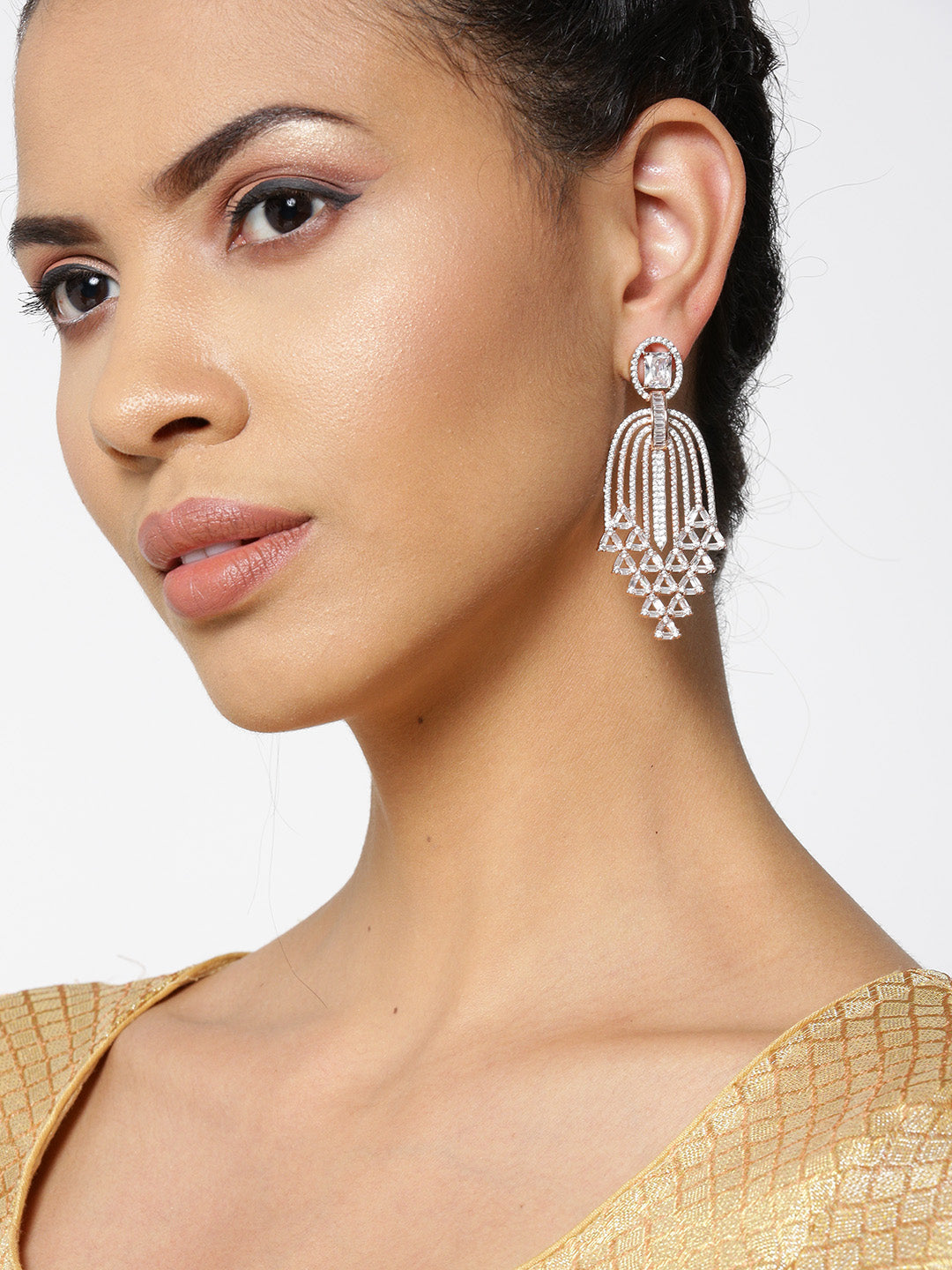 Serene Waterfall-Rose Gold-Plated American Diamond Drop Earrings