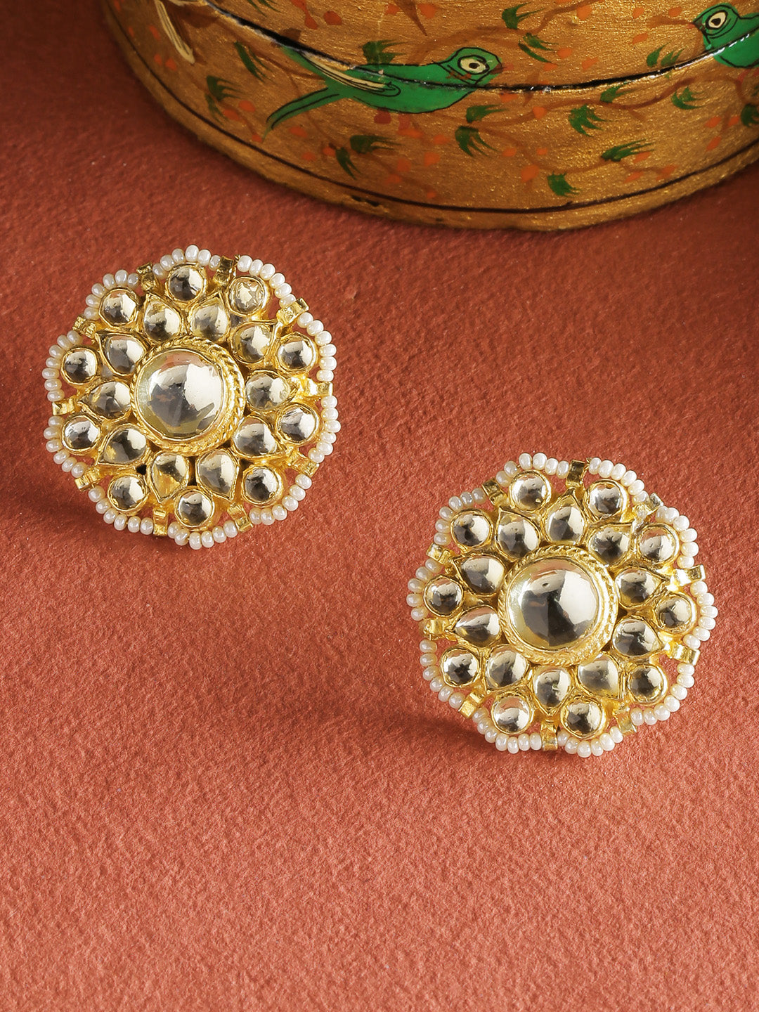 Gold Plated Kundan Studded Floral Shaped Circular Stud Earrings