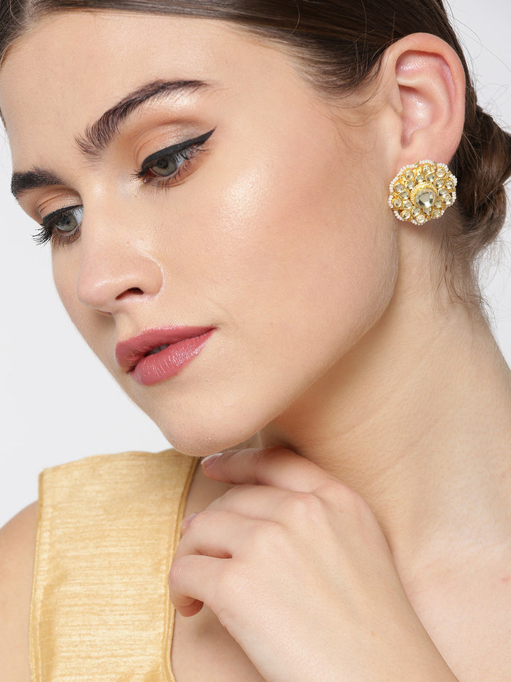 Gold Plated Kundan Studded Floral Shaped Circular Stud Earrings