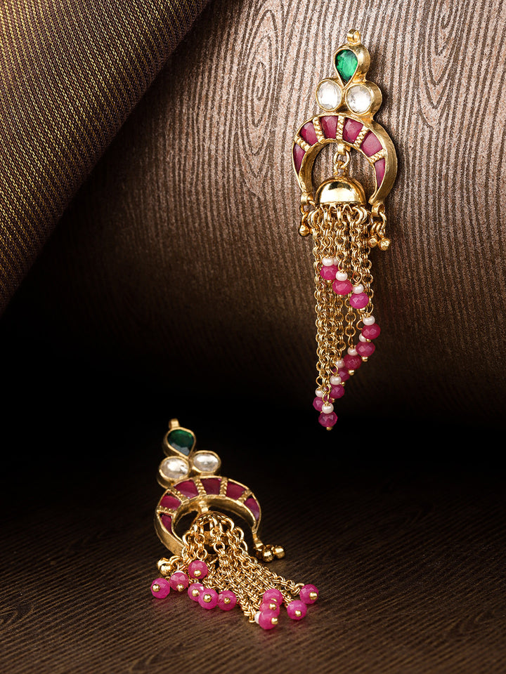 Gold-Plated Pachi Kundan Studded Drop Earrings in Magenta And Green Color