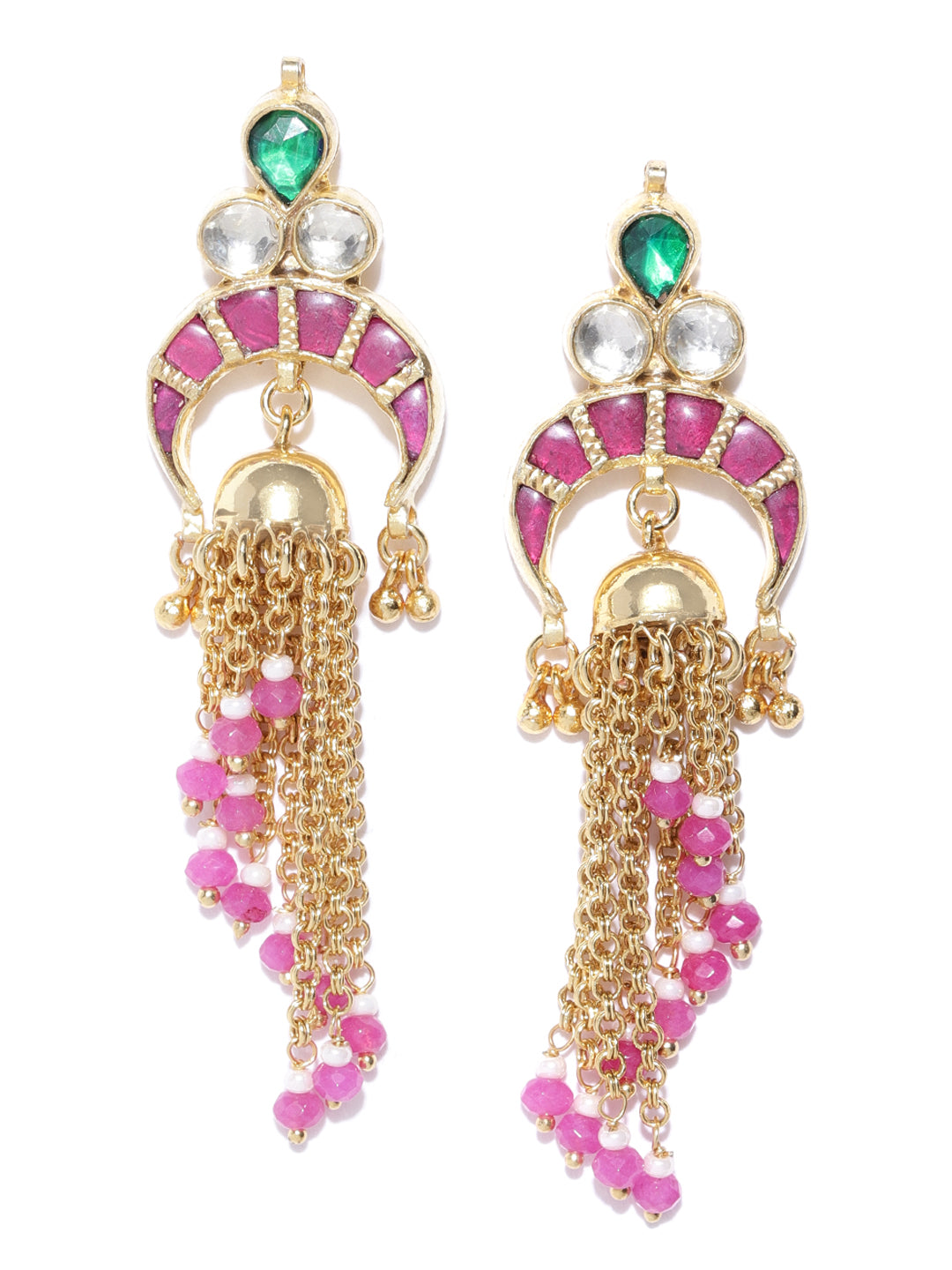 Gold-Plated Pachi Kundan Studded Drop Earrings in Magenta And Green Color