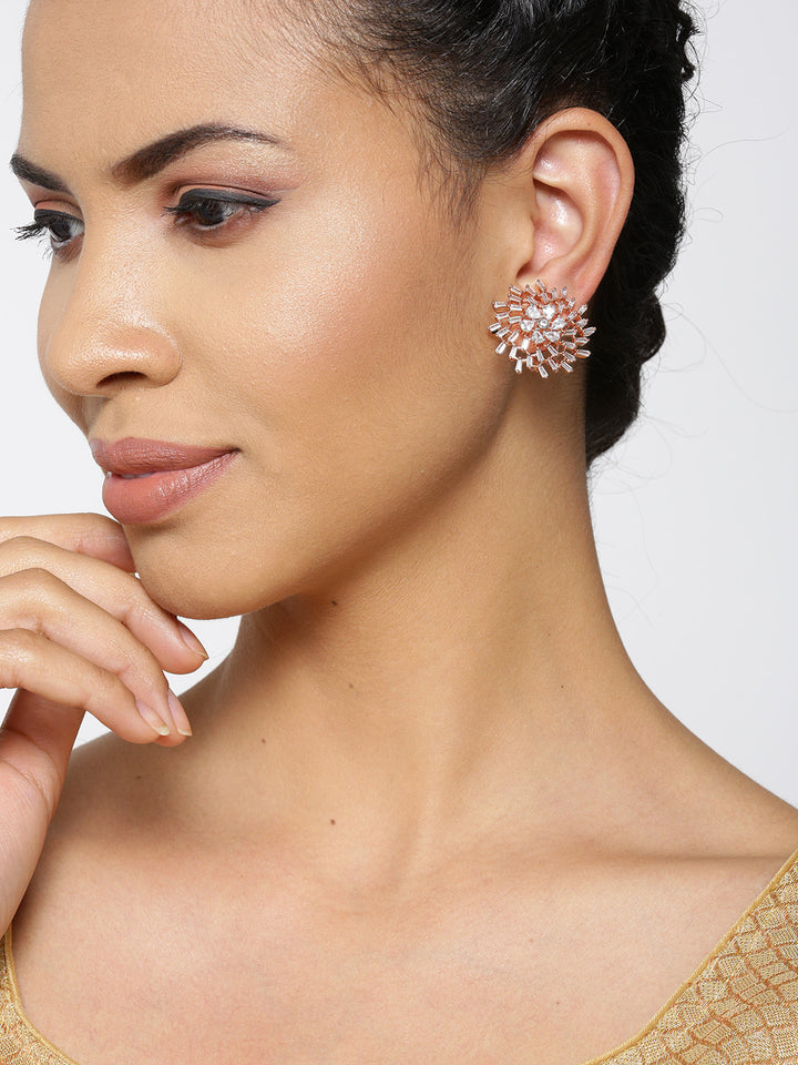Rose Gold-Plated American Diamond Stud Earrings in Floral Pattern