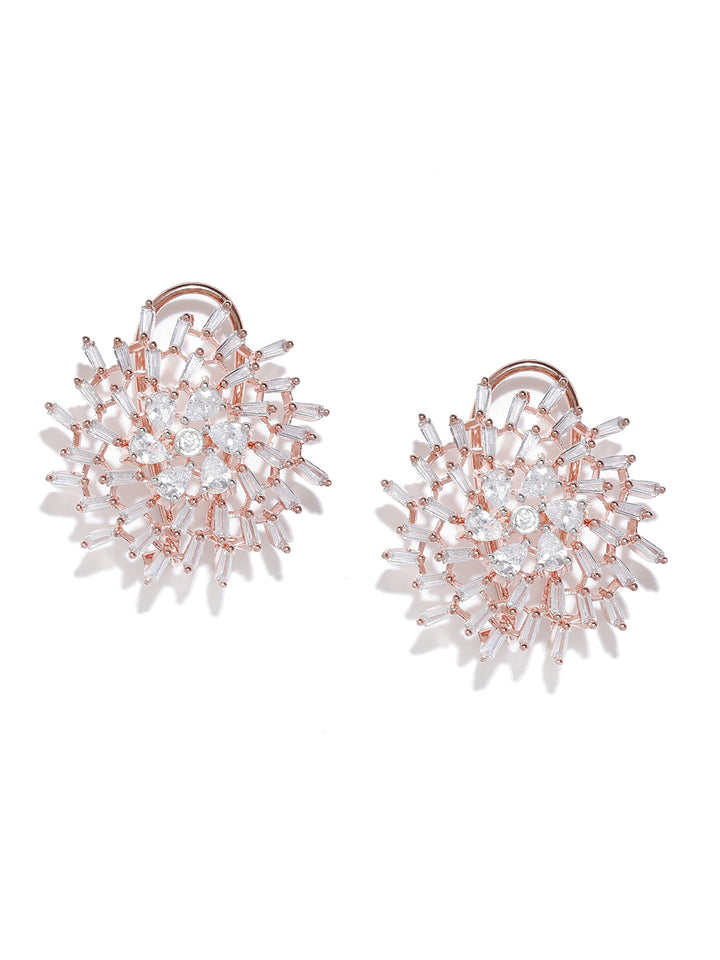 Rose Gold-Plated American Diamond Stud Earrings in Floral Pattern