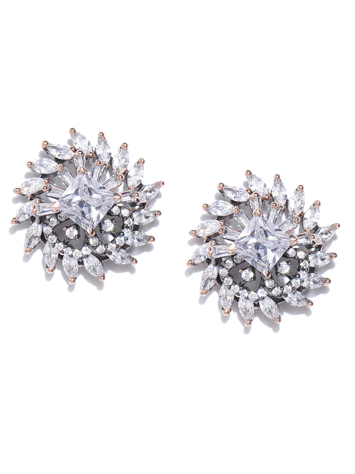 Gunmetal Plated American Diamond Studded Floral Shape Stud Earrings