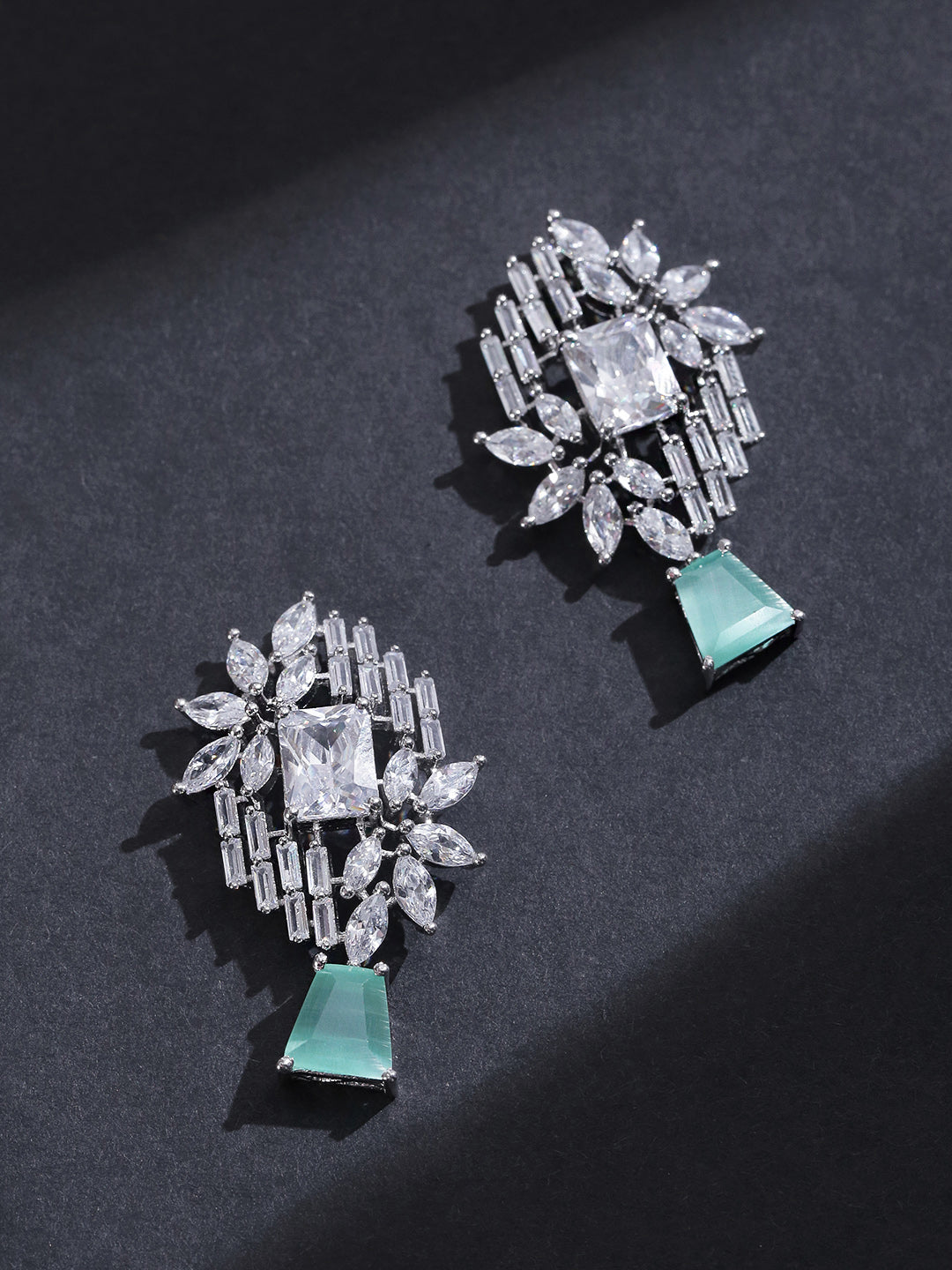 Rhodium-Plated American Diamond and Sea Green Stone Studded Drop Earrings