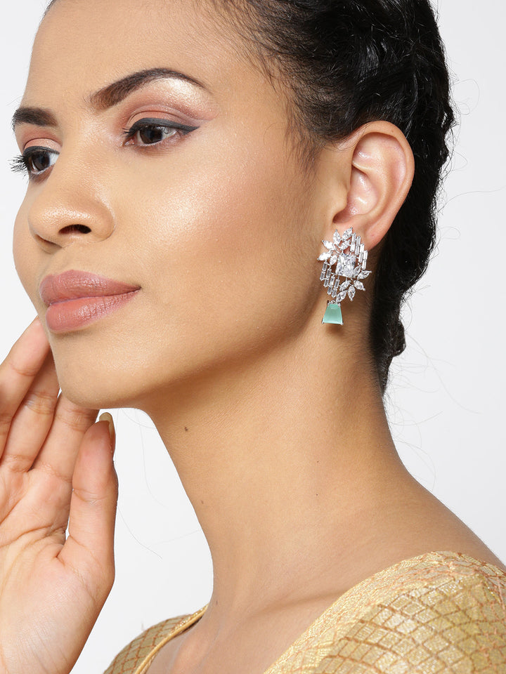 Rhodium-Plated American Diamond and Sea Green Stone Studded Drop Earrings