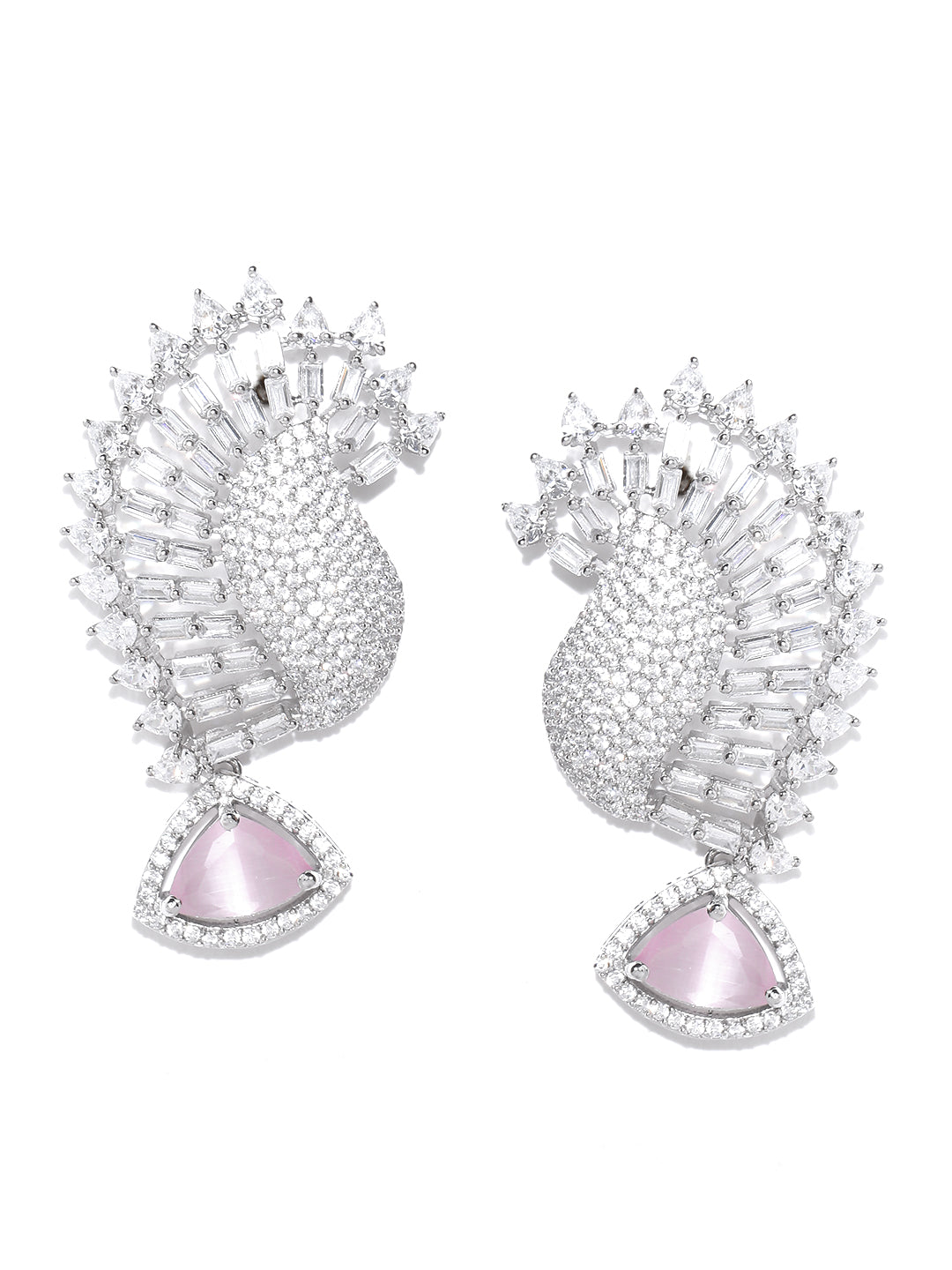 Rhodium-Plated American Diamond and Pink Stone Studded Drop Earrings