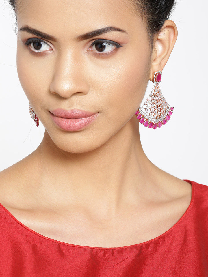 Rose Gold-Plated Ruby American Diamond Heavy Drop Earrings Pink White