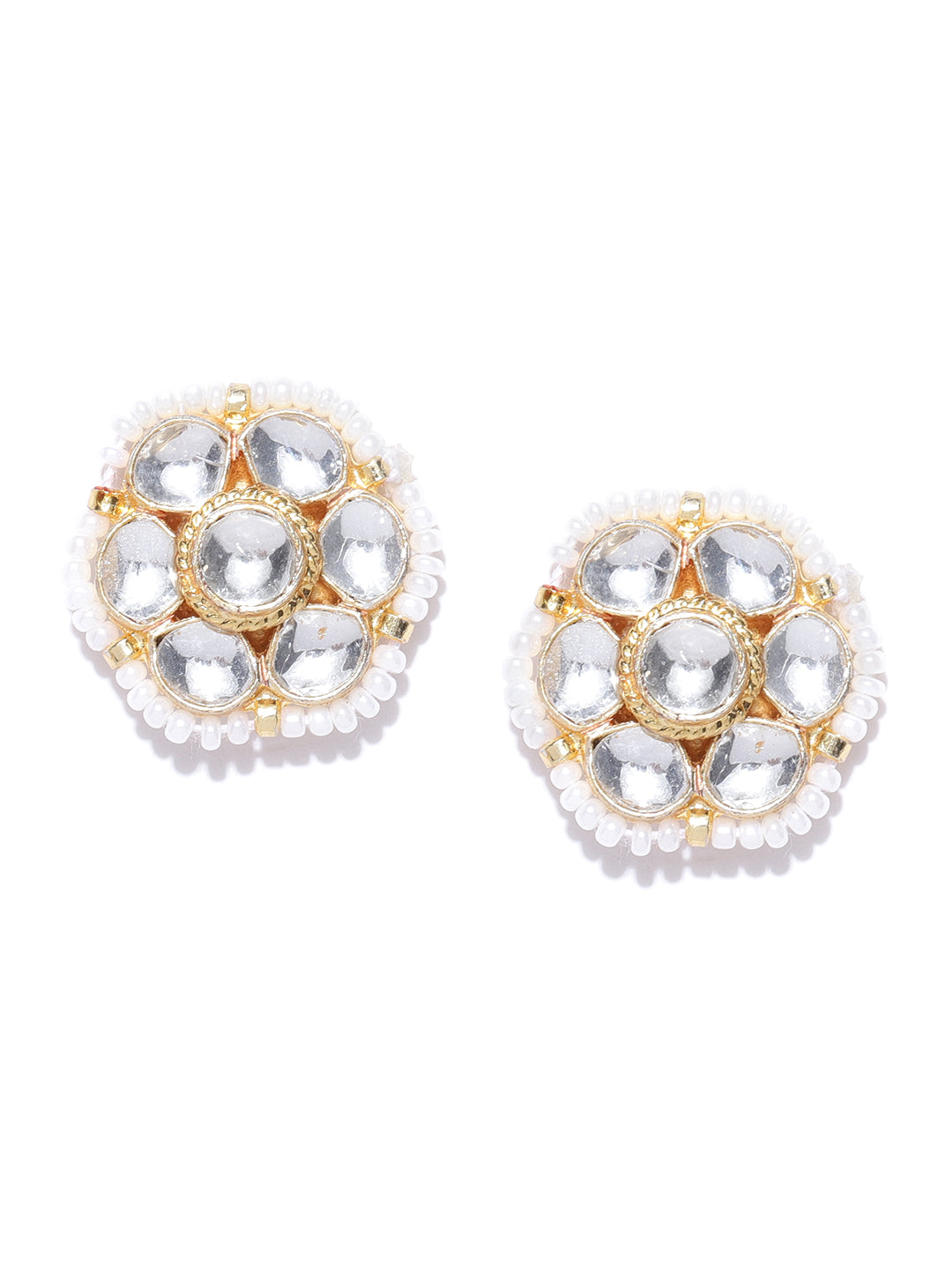 Gold Plated Kundan Studded Floral Pattern Beads Outlined Stud Earrings