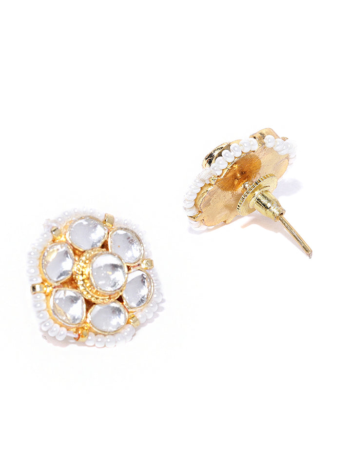 Gold Plated Kundan Studded Floral Pattern Beads Outlined Stud Earrings
