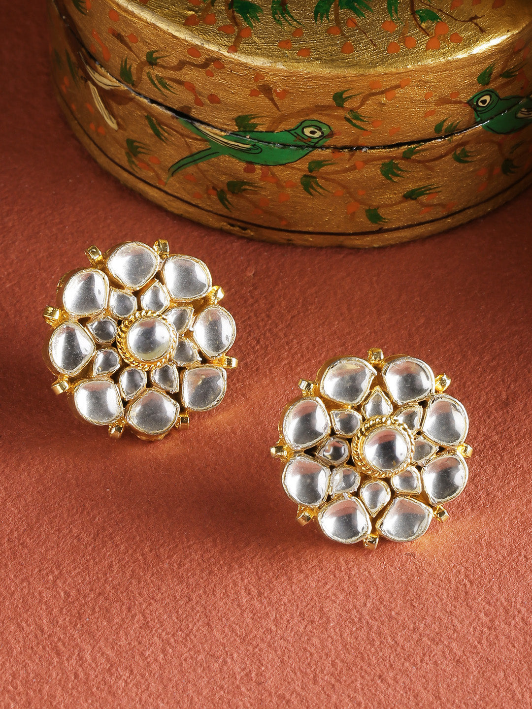 Gold-Plated Pachi Kundan Studded Large Stud Earrings in Floral Pattern