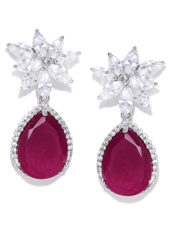 Silver-Plated American Diamond and Ruby Studded Floral Patterned Drop Earrings in Magenta and White Color