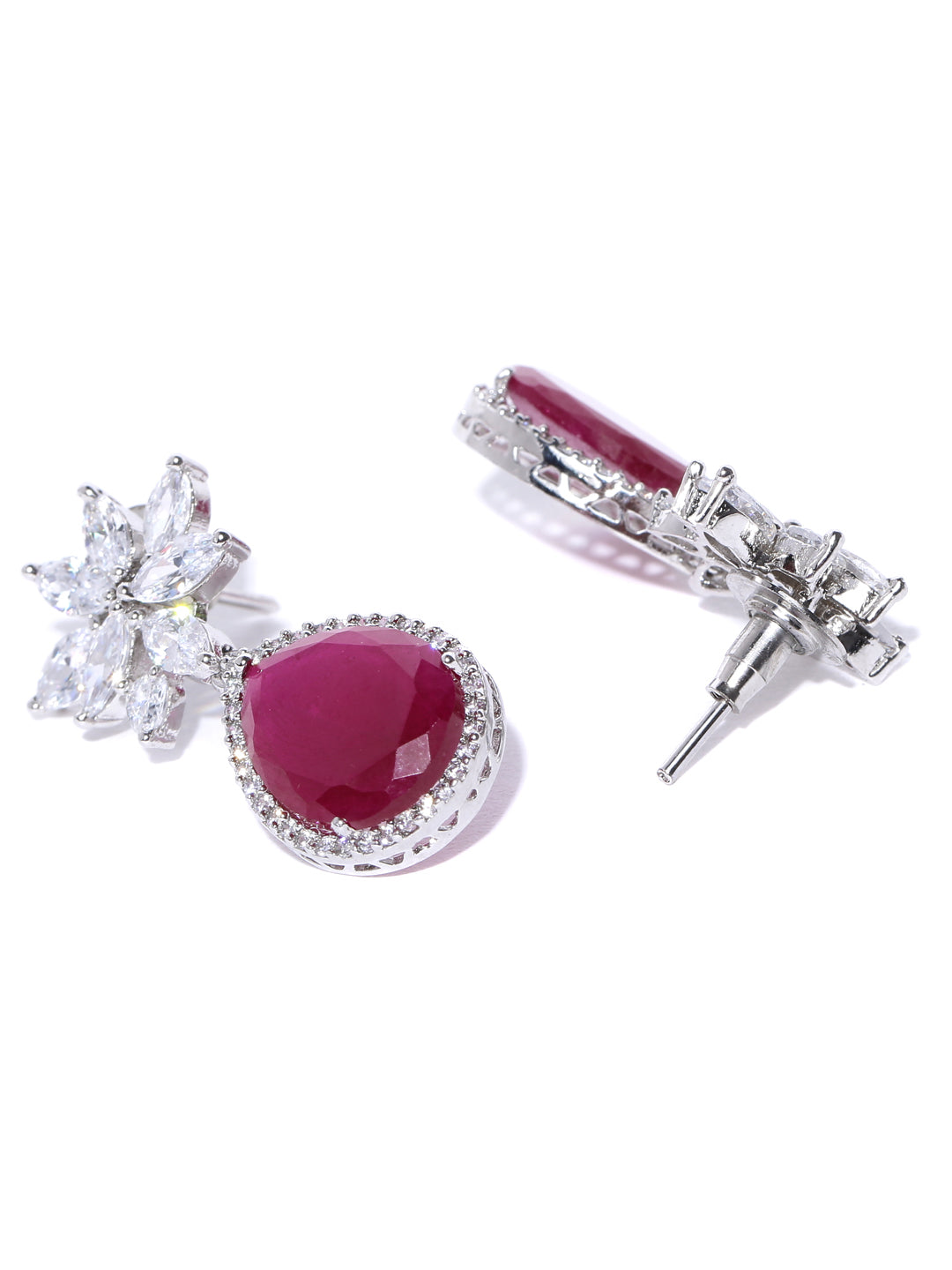 Silver-Plated American Diamond and Ruby Studded Floral Patterned Drop Earrings in Magenta and White Color
