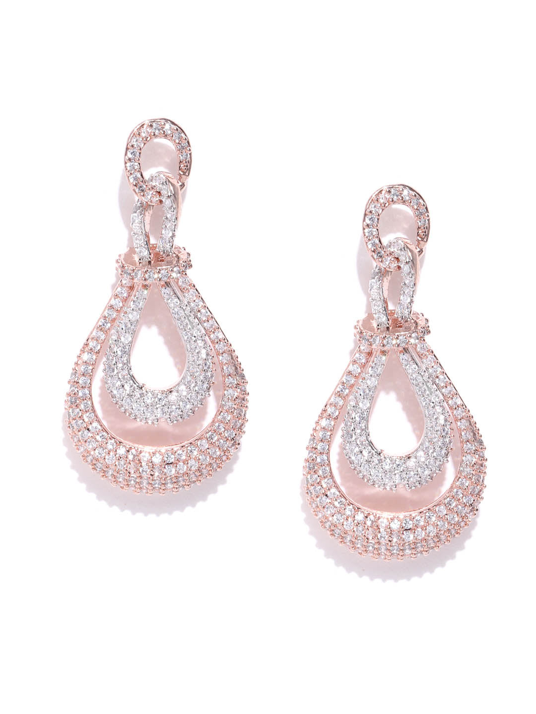 Rose Gold-Plated American Diamond Studded Drop Earrings