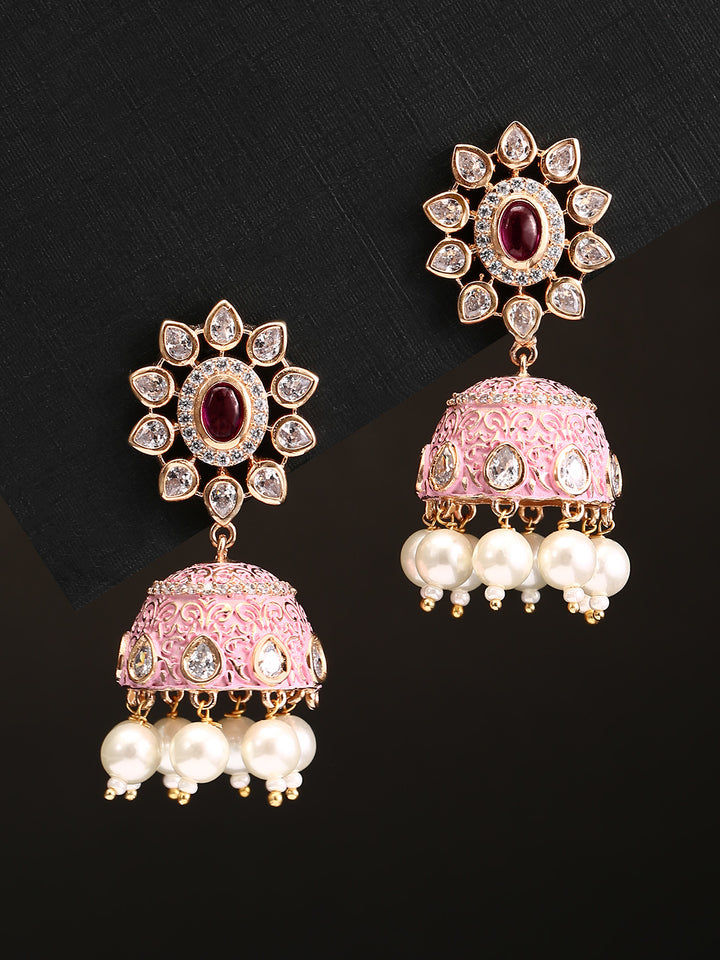 Gold-Plated American Diamond Studded Floral Patterned Meenakari Jhumka Earrings in Pink Color with Pearls Drop