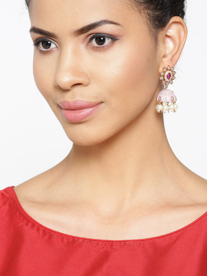Gold-Plated American Diamond Studded Floral Patterned Meenakari Jhumka Earrings in Pink Color with Pearls Drop