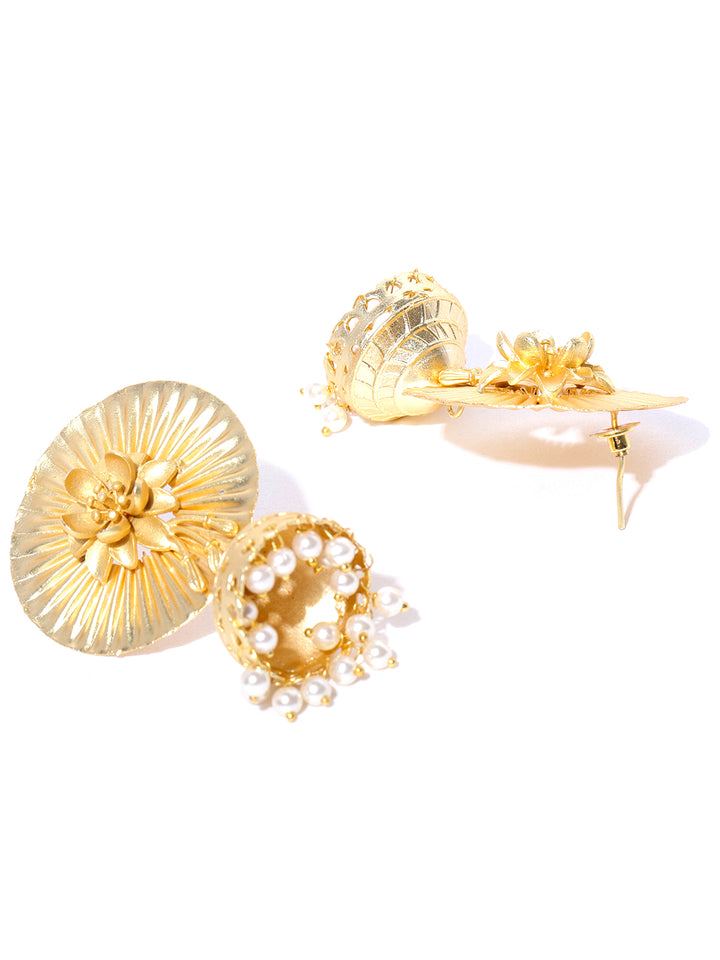 Gold-Plated Floral Patterned Jhumka Earrings with Pearls Drop