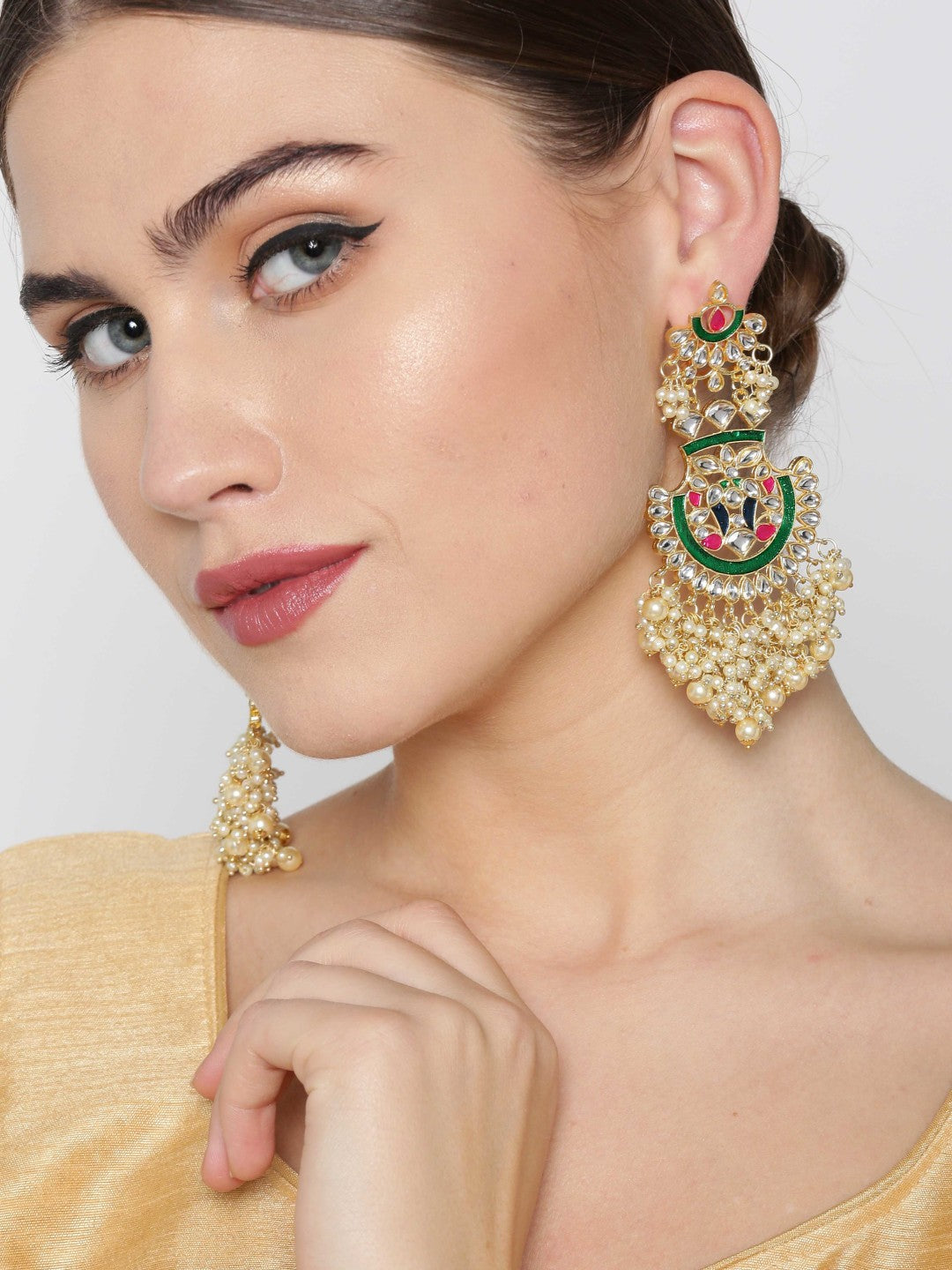 Gold Plated Kundan Studded Off-White Beaded Multicolor Drop Earrings
