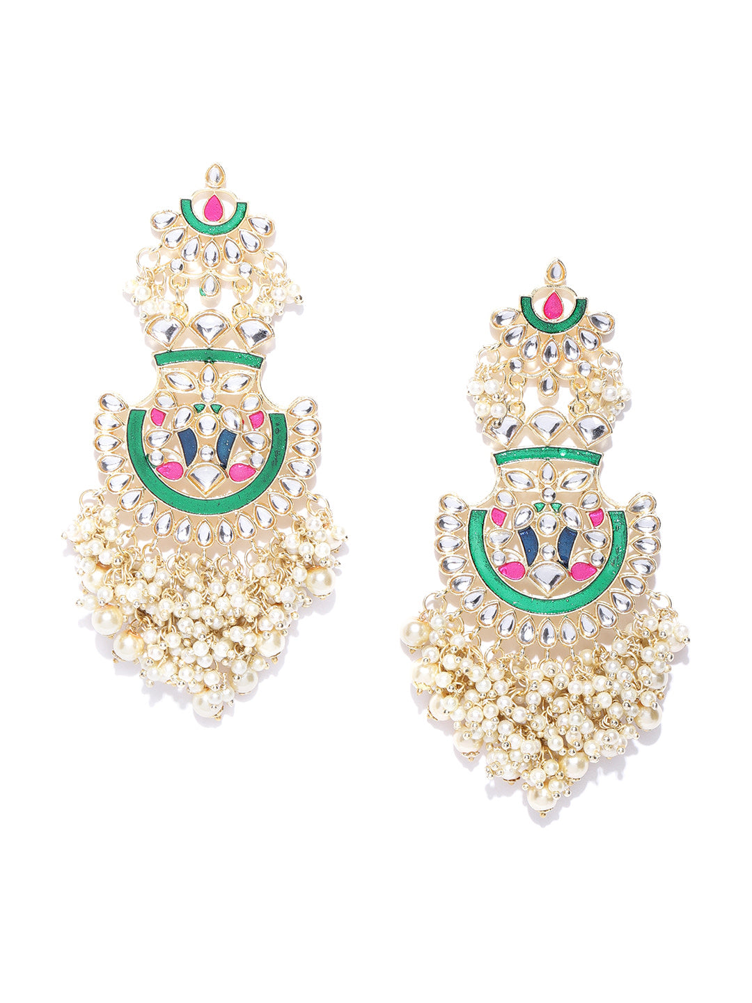 Gold Plated Kundan Studded Off-White Beaded Multicolor Drop Earrings