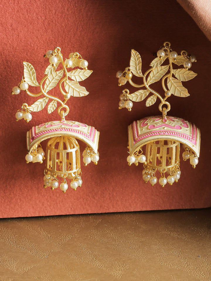 Gold-Plated Leaf Patterned Drop Earrings with Pink Meenakari Work