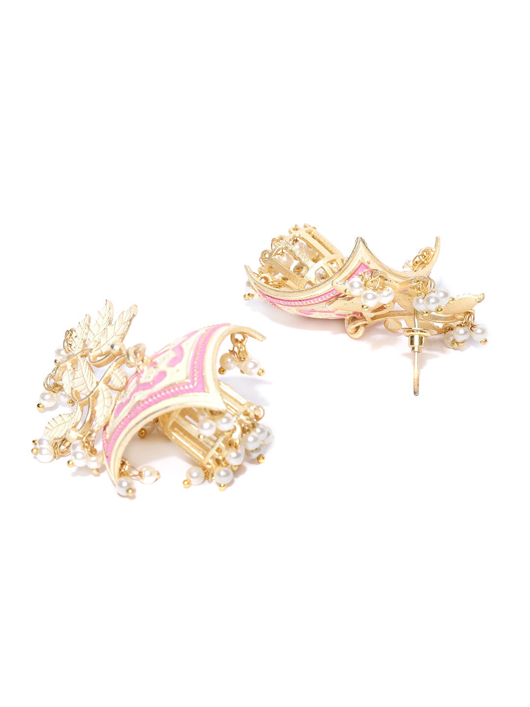 Gold-Plated Leaf Patterned Drop Earrings with Pink Meenakari Work