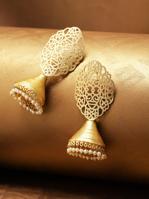Matte Gold Finish Self Design Pattern Traditional Jhumka Earrings