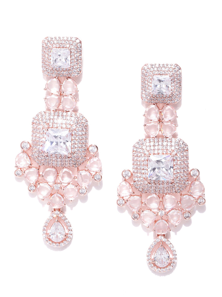Rose Gold-Plated American Diamond Studded Geometric And Floral Patterned Drop Earrings