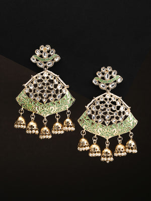 Gold-Plated Kundan Studded Meenakari Drop Earrings in Green Color with Pearls Drop