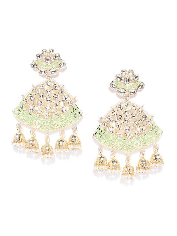 Gold-Plated Kundan Studded Meenakari Drop Earrings in Green Color with Pearls Drop