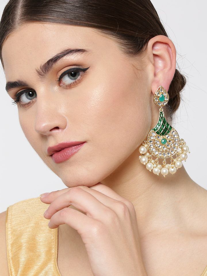 Gold Plated Floral Pattern Kundan Studded Teardrop Shaped Green Earrings