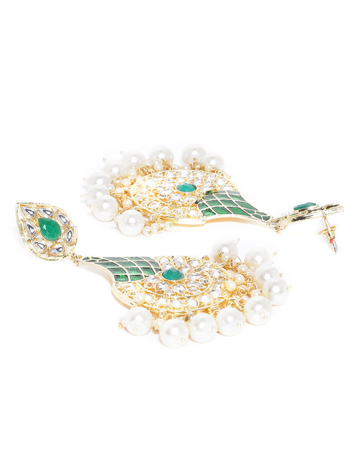 Gold Plated Floral Pattern Kundan Studded Teardrop Shaped Green Earrings