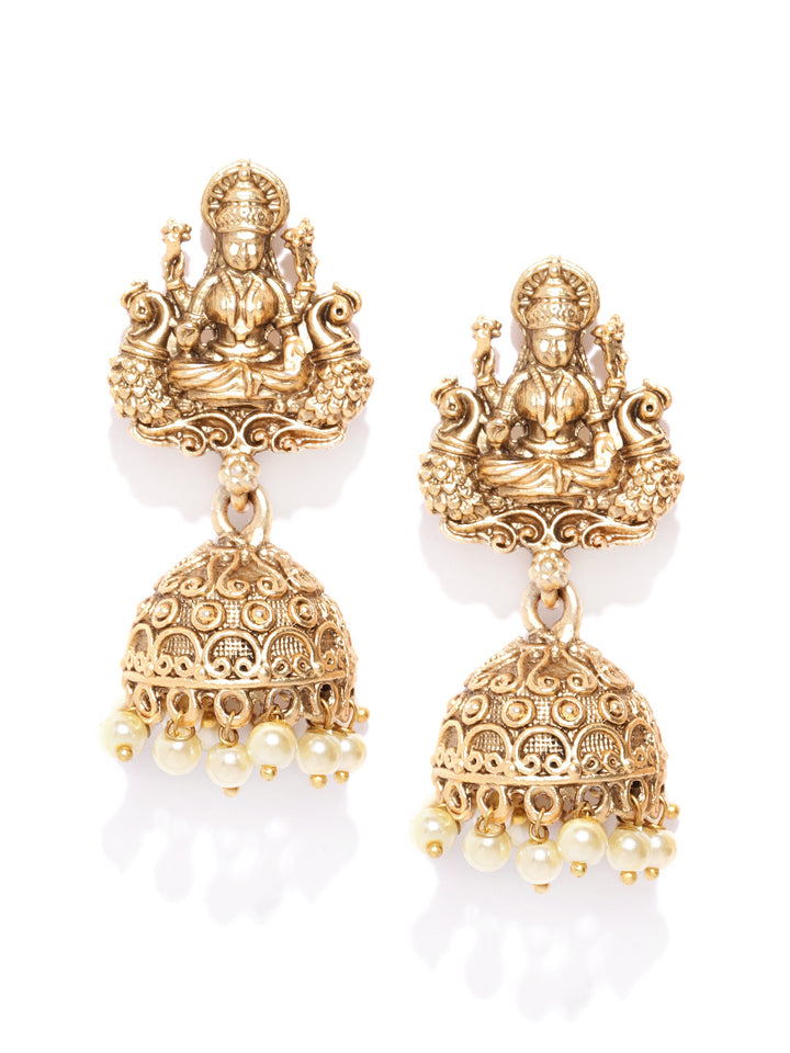 Matte Gold Finish Goddess Laxmi Inspired Designer Jhumki Earrings