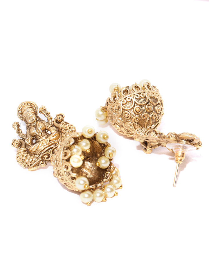 Matte Gold Finish Goddess Laxmi Inspired Designer Jhumki Earrings