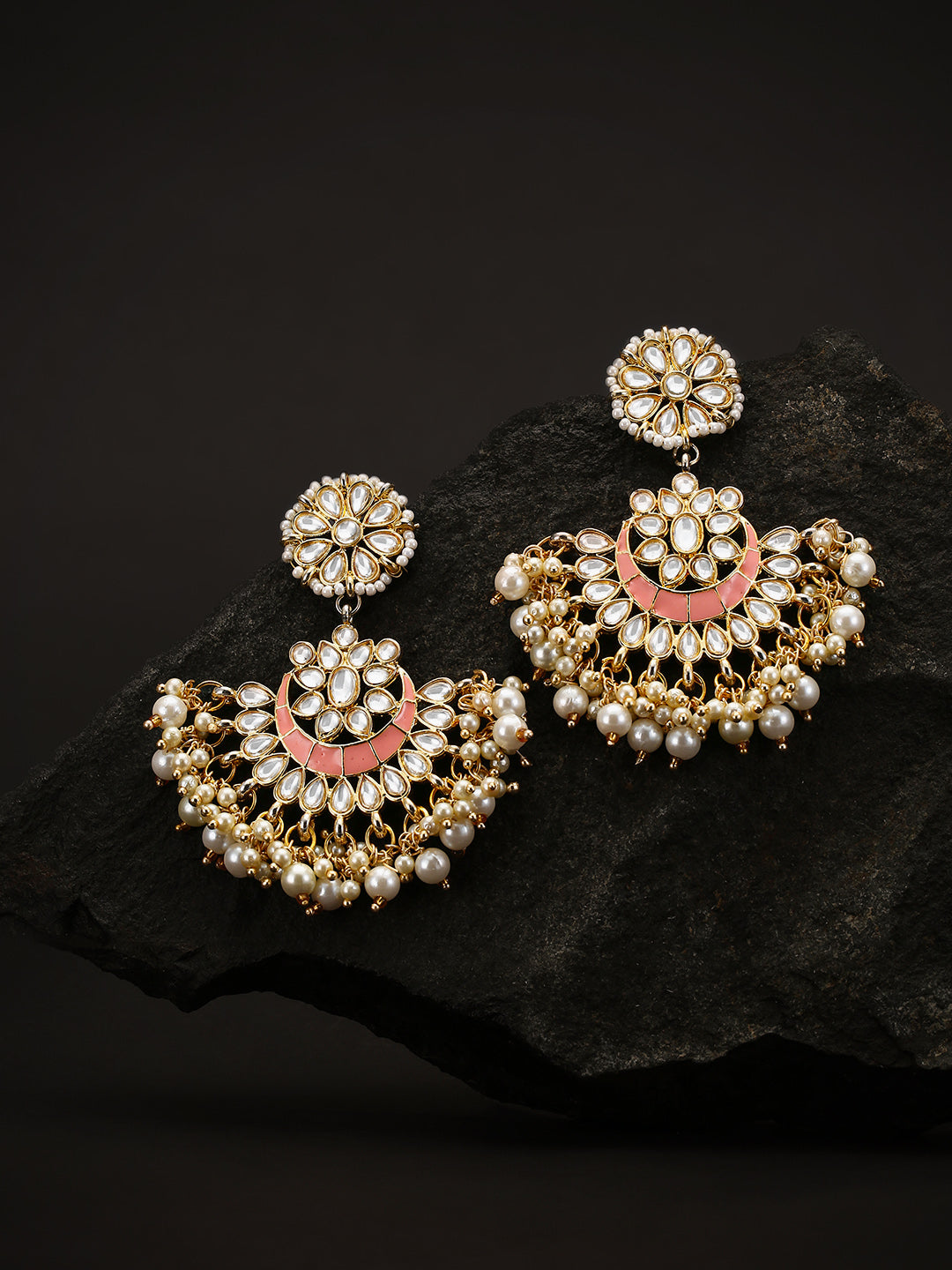 Gold Plated Kundan Studded Pink Chabdbalis Beads Drop Earrings
