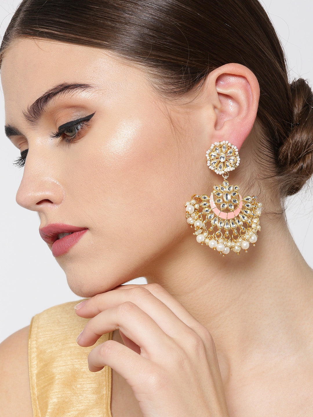 Gold Plated Kundan Studded Pink Chabdbalis Beads Drop Earrings