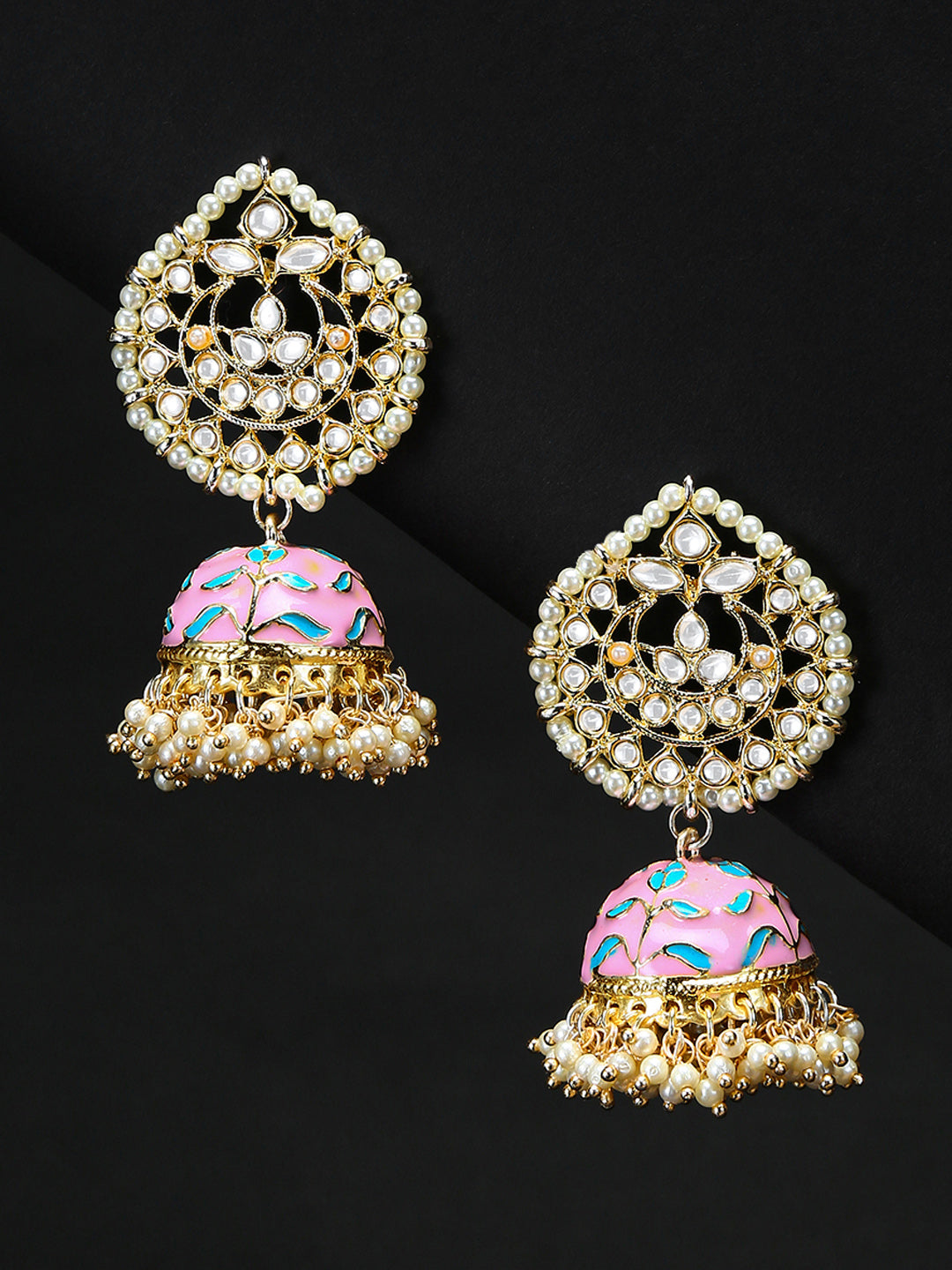 Gold Plated Kundan Studded Off-White Beaded Meenakari Pink Jhumka Earrings