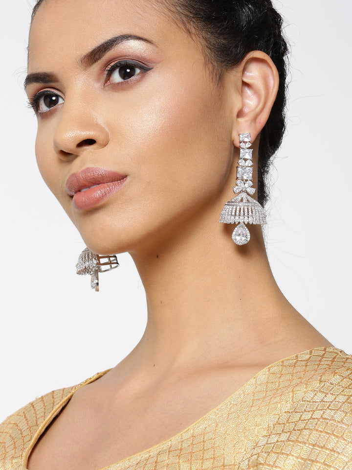 Silver Plated American Diamond Studded Party Wear Jhumka Earrings