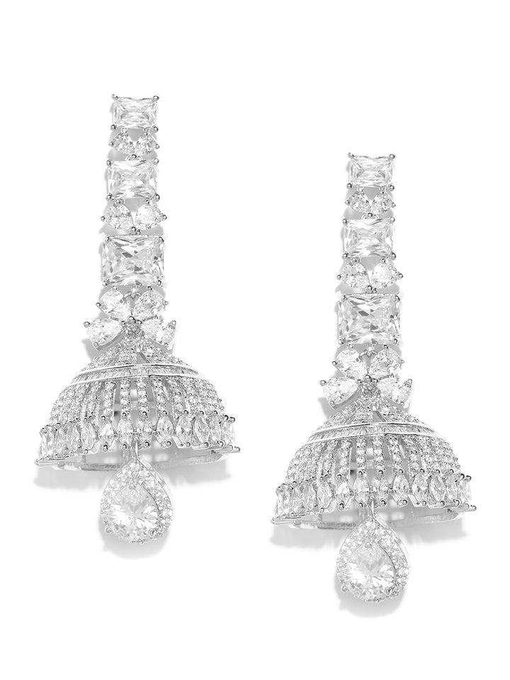 Silver Plated American Diamond Studded Party Wear Jhumka Earrings