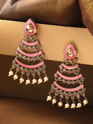 Gold Plated Kunda Studded Layered Design Pink Colour Drop Earrings