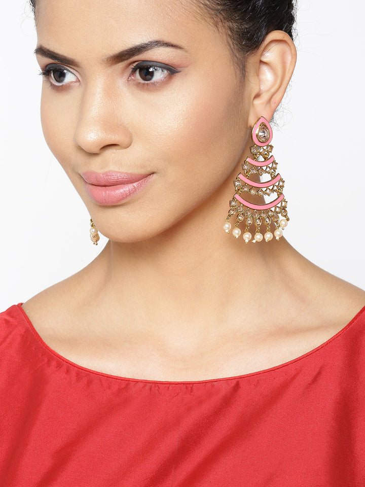 Gold Plated Kunda Studded Layered Design Pink Colour Drop Earrings