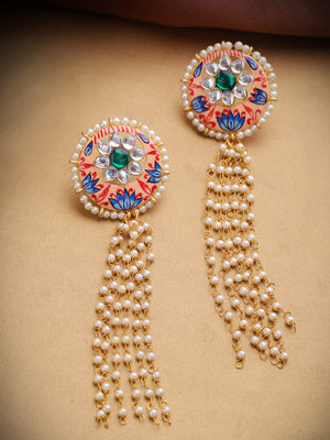 Gold-Plated Kundan Studded Meenakari Drop Earrings in Peach and Blue Color With Pearls Chains