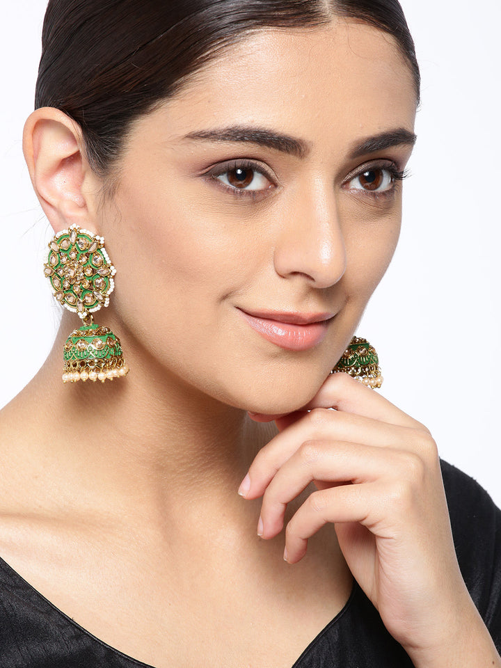 Gold-Plated Stones Studded Meenakari Jhumka Earrings in Green color with Pearls Drop