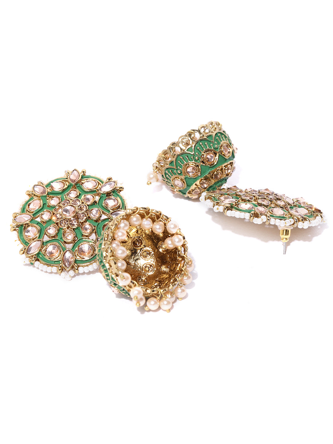 Gold-Plated Stones Studded Meenakari Jhumka Earrings in Green color with Pearls Drop