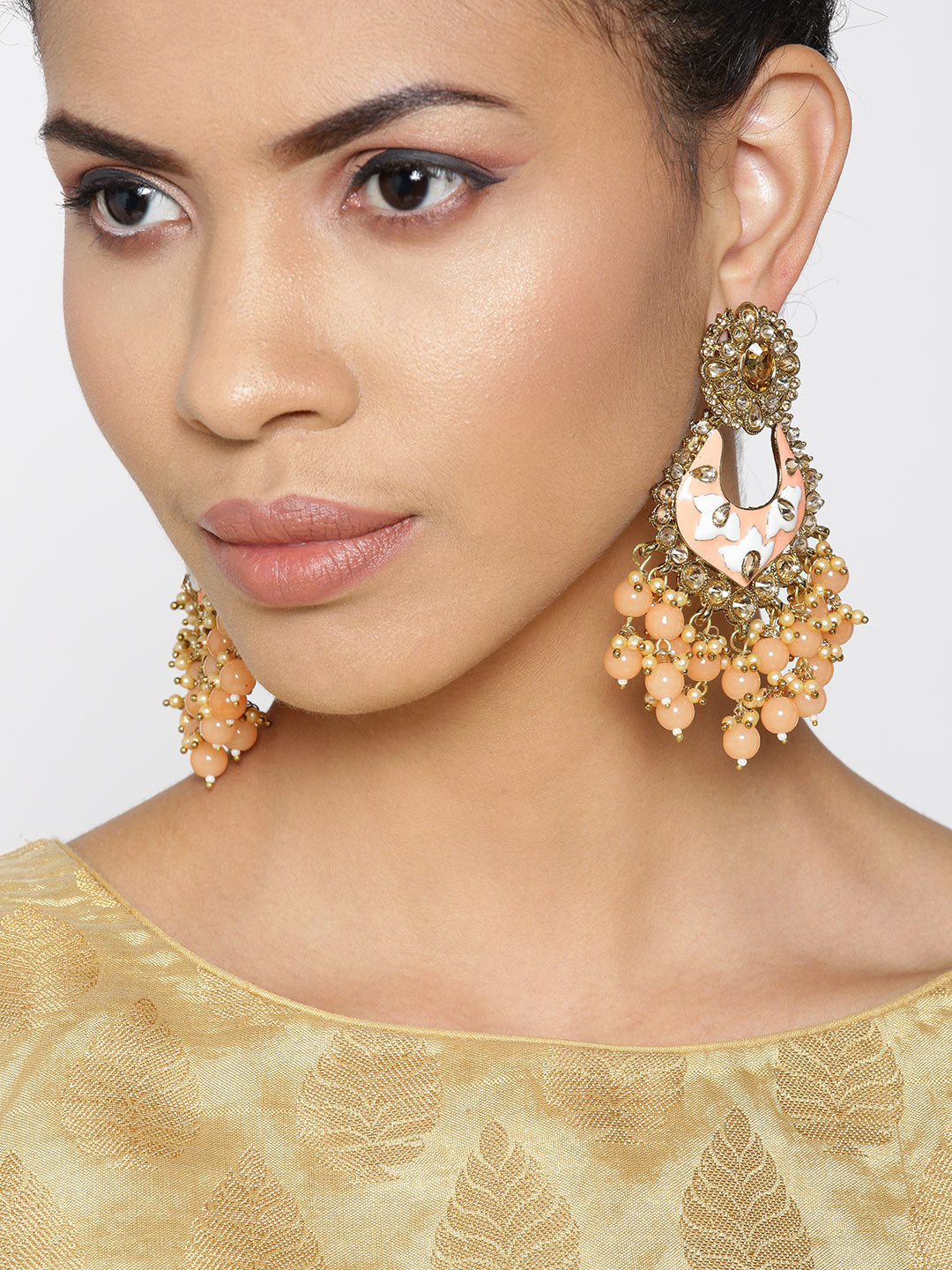 Gold-Plated Stones Studded Drop Earrings with Meenakari work and Beads Drop in Peach Color