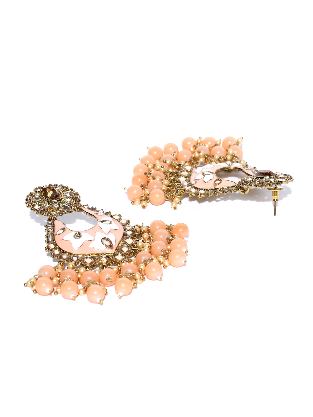 Gold-Plated Stones Studded Drop Earrings with Meenakari work and Beads Drop in Peach Color