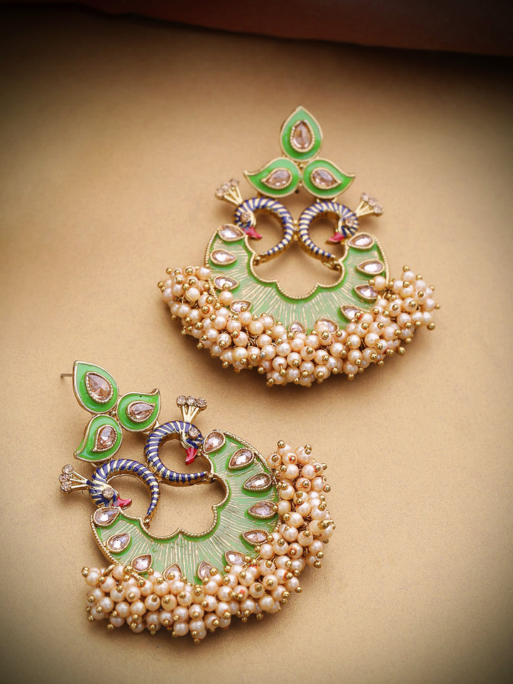 Gold-Plated Stones Studded Peacock Inspired, Meenakari Chandbali Earrings in Green Color with Pearls Drop