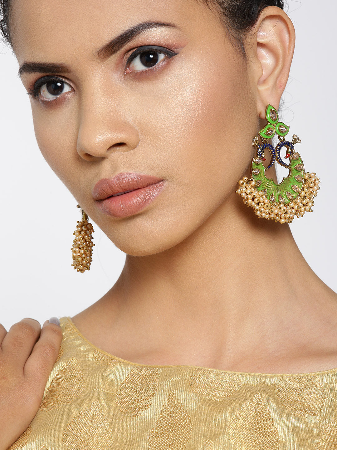 Gold-Plated Stones Studded Peacock Inspired, Meenakari Chandbali Earrings in Green Color with Pearls Drop